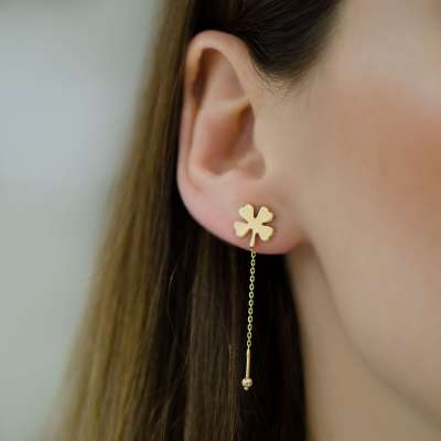 14 Ayar Altın Sallantılı Yonca Küpe - 2