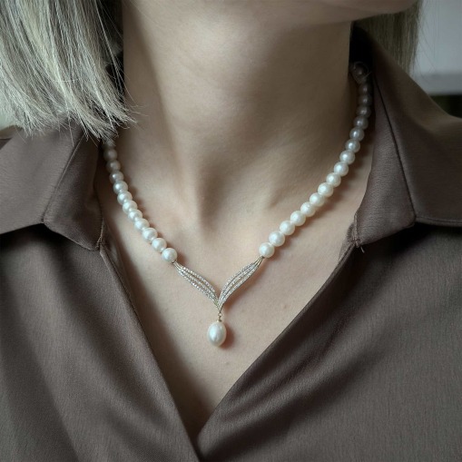 14 Ayar Altın Suyolu Anturaj İnci Kolye - 1