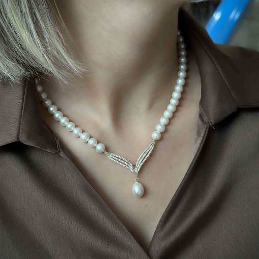 14 Ayar Altın Suyolu Anturaj İnci Kolye - 2