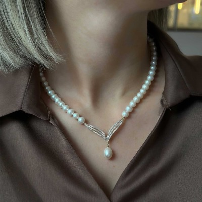 14 Ayar Altın Suyolu Anturaj İnci Kolye - 3