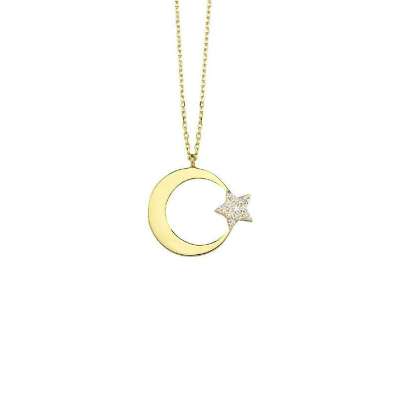 14 Ayar Altın Taşlı Ayyıldız Kolye