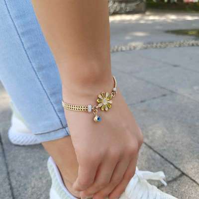 14 Ayar Altın Taşlı Çiçek Figürlü Bileklik - ENGİNGOLD KÇN