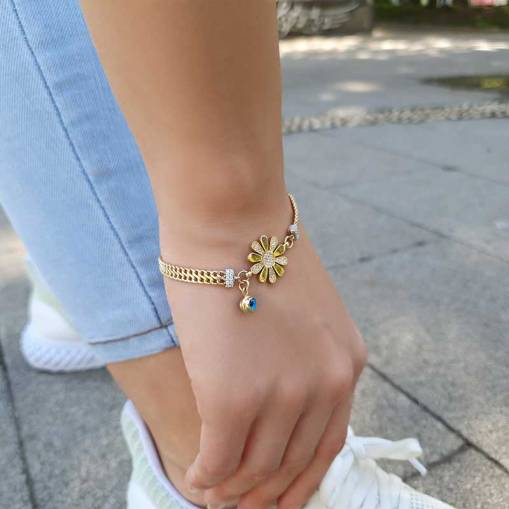 14 Ayar Altın Taşlı Çiçek Figürlü Bileklik - 3