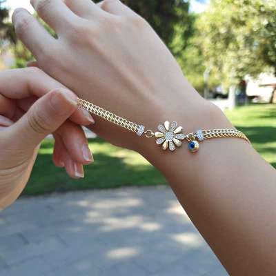 14 Ayar Altın Taşlı Çiçek Figürlü Bileklik - 2