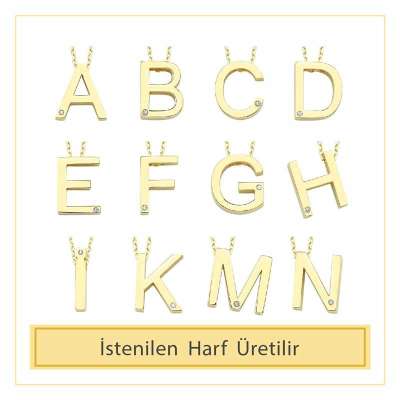14 Ayar Altın Taşlı F Harfi Kolye - Thumbnail