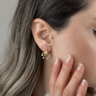 14 Ayar Altın Taşlı Kutup Yıldızı Küpe - 2