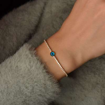 14 Ayar Altın Taşlı Nazar Boncuğu Bileklik - ENGİNGOLD ALN