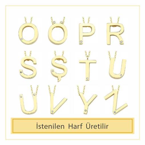 14 Ayar Altın Taşlı T Harfi Kolye - 4