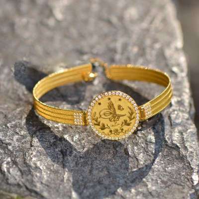 14 Ayar Altın Taşlı Tuğra Kelepçe Bilezik - ENGİNGOLD ANT