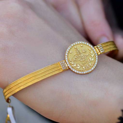 14 Ayar Altın Taşlı Tuğra Kelepçe Bilezik - 2