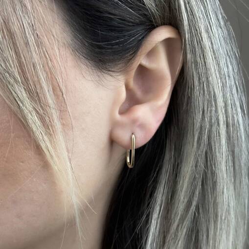 14 Ayar Altın Taşsız Oval Dikdörtgen Küpe – Zarif Tasarım - 3