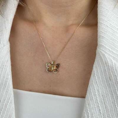 14 Ayar Altın Turuncu Mineli Kelebek Kolye - 5