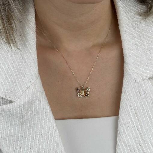 14 Ayar Altın Turuncu Mineli Kelebek Kolye - 2