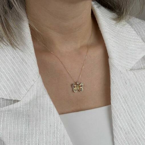 14 Ayar Altın Turuncu Mineli Kelebek Kolye - 1