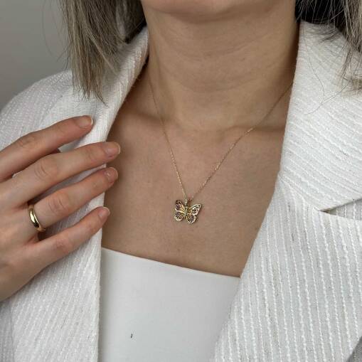 14 Ayar Altın Turuncu Mineli Kelebek Kolye - 3