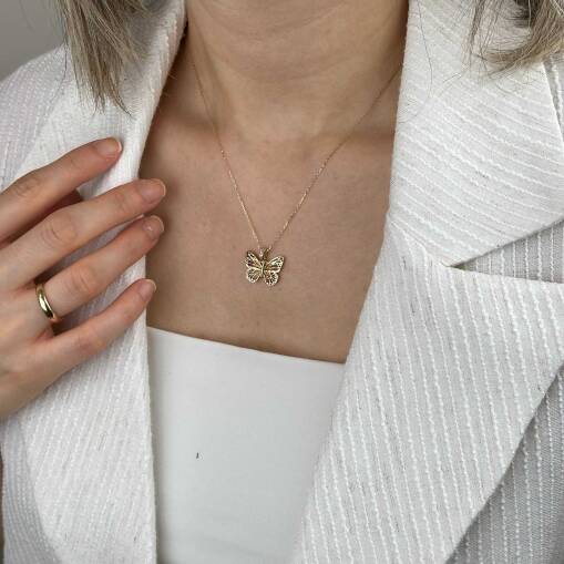 14 Ayar Altın Turuncu Mineli Kelebek Kolye - 4