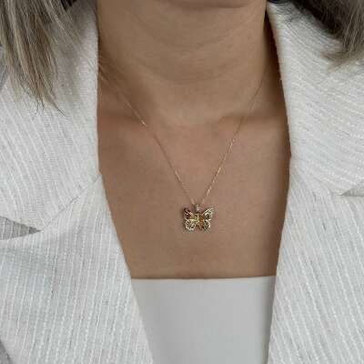 14 Ayar Altın Turuncu Mineli Kelebek Kolye - 7