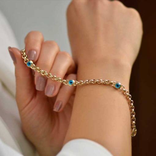 14 Ayar Altın Üçlü Nazar Boncuklu Bileklik - 1