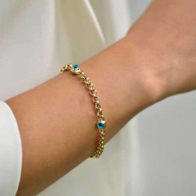 14 Ayar Altın Üçlü Nazar Boncuklu Bileklik - 2