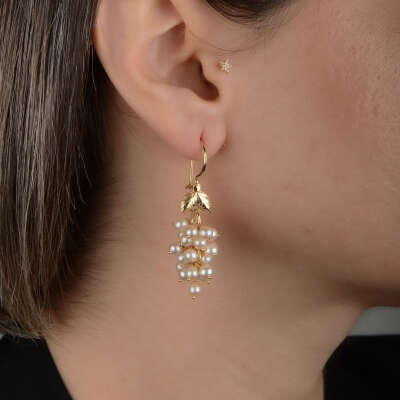 14 Ayar Altın İnci Üzüm Sallantılı Küpe - 4