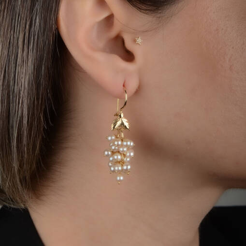 14 Ayar Altın İnci Üzüm Sallantılı Küpe - 4