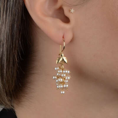 14 Ayar Altın İnci Üzüm Sallantılı Küpe - 5