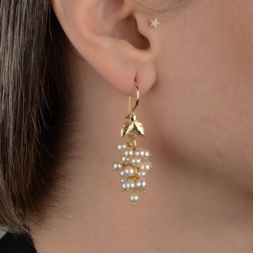 14 Ayar Altın İnci Üzüm Sallantılı Küpe - 5