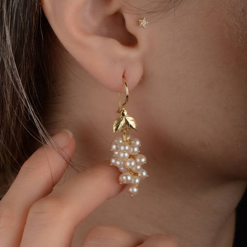 14 Ayar Altın İnci Üzüm Sallantılı Küpe - 3