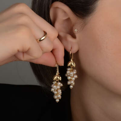 14 Ayar Altın İnci Üzüm Sallantılı Küpe - 2