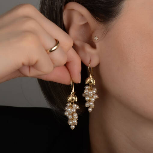 14 Ayar Altın İnci Üzüm Sallantılı Küpe - 2