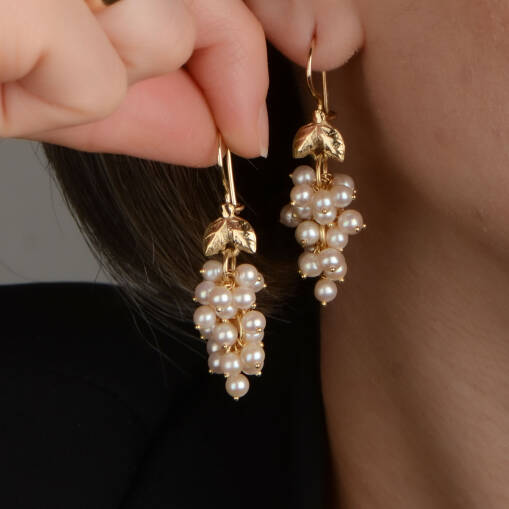 14 Ayar Altın İnci Üzüm Sallantılı Küpe - 1