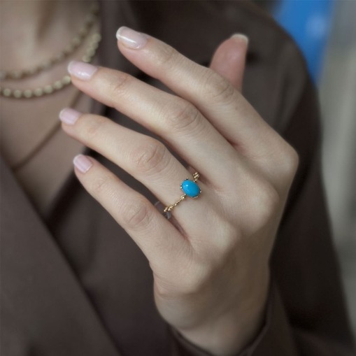 14 Ayar Altın Vintage Tasarım Firuze Taşlı Yüzük - 1