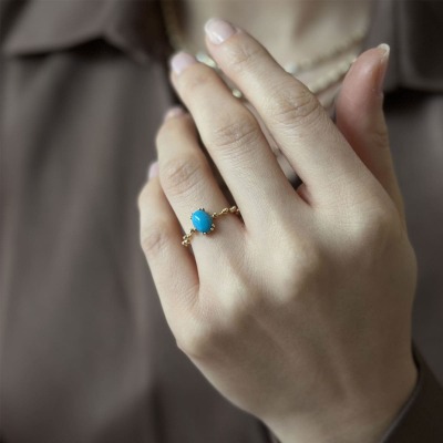 14 Ayar Altın Vintage Tasarım Firuze Taşlı Yüzük - 2