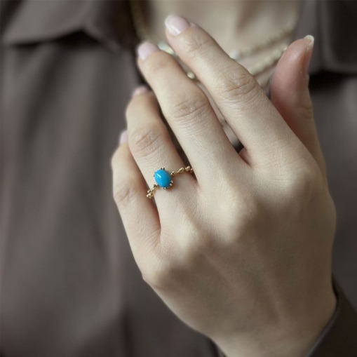 14 Ayar Altın Vintage Tasarım Firuze Taşlı Yüzük - 2