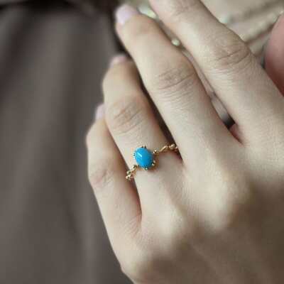 14 Ayar Altın Vintage Tasarım Firuze Taşlı Yüzük - 3