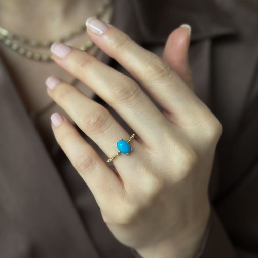 14 Ayar Altın Vintage Tasarım Firuze Taşlı Yüzük - 4