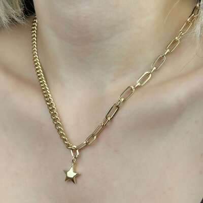 14 Ayar Altın Yıldız Kolye – Gurmet Zincir Çift Tasarım - 2