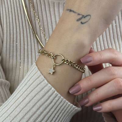 14 Ayar Altın Yıldız Sallantılı Çift Zincir Bileklik - 2