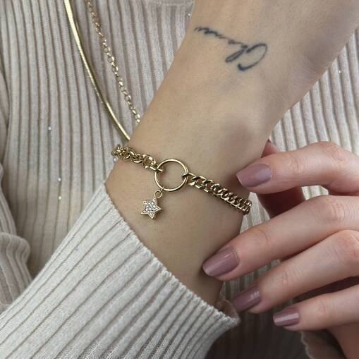 14 Ayar Altın Yıldız Sallantılı Çift Zincir Bileklik - 2