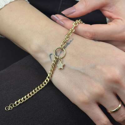 14 Ayar Altın Yıldız Sallantılı Çift Zincir Bileklik - ENGİNGOLD HAR