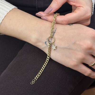 14 Ayar Altın Yıldız Sallantılı Çift Zincir Bileklik - 3