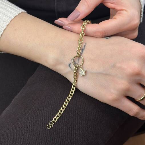 14 Ayar Altın Yıldız Sallantılı Çift Zincir Bileklik - 3