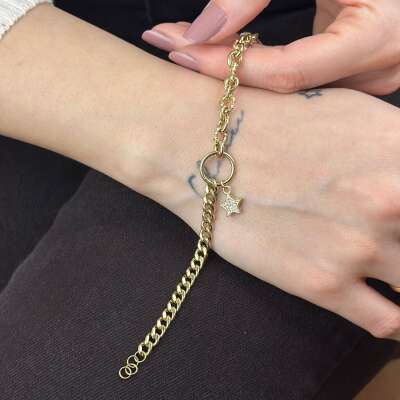 14 Ayar Altın Yıldız Sallantılı Çift Zincir Bileklik - 4