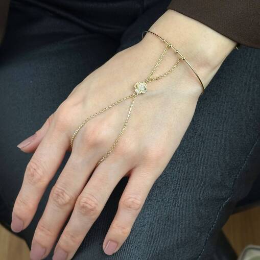 14 Ayar Altın Yonca Şahmeran Bileklik – Taşlı Ayarlanabilir Kelepçe - 6