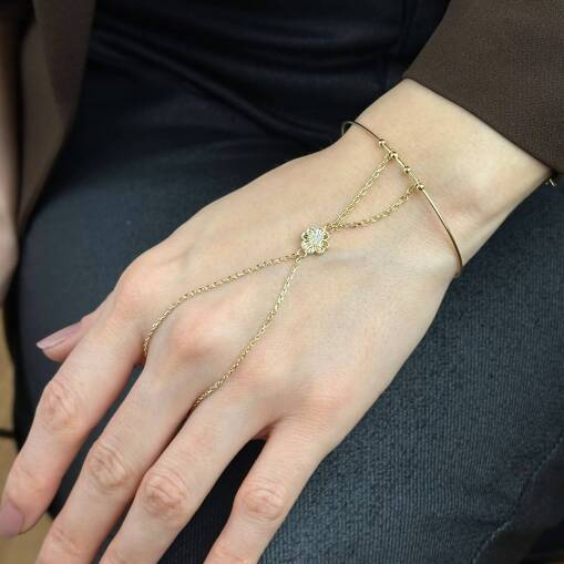 14 Ayar Altın Yonca Şahmeran Bileklik – Taşlı Ayarlanabilir Kelepçe - 2