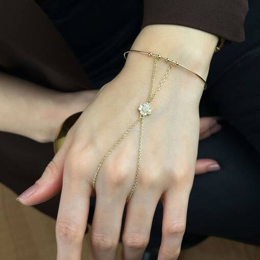 14 Ayar Altın Yonca Şahmeran Bileklik – Taşlı Ayarlanabilir Kelepçe - 1