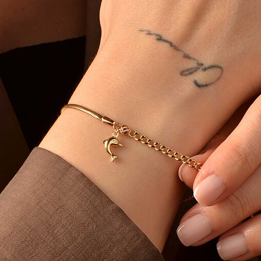 14 Ayar Altın Yunus Balığı Figürlü Çift Zincir Bileklik - 1
