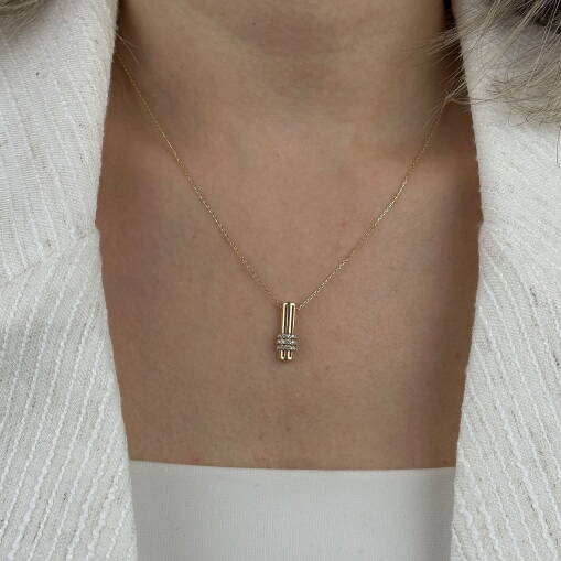 14 Ayar Altın Zirkon Taşlı Bar Kolye - 2