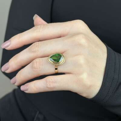 14 Ayar Altın Zümrüt Yeşil Damla Taşlı Yüzük – Elegant Model - 3