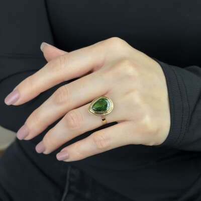 14 Ayar Altın Zümrüt Yeşil Damla Taşlı Yüzük – Elegant Model - 4